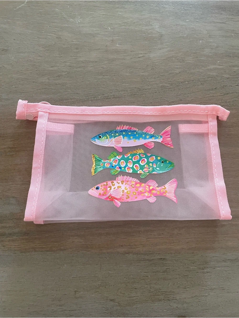 Haus of Brilliance Pink Mesh Pouch with Colorful Fish Appliqués
